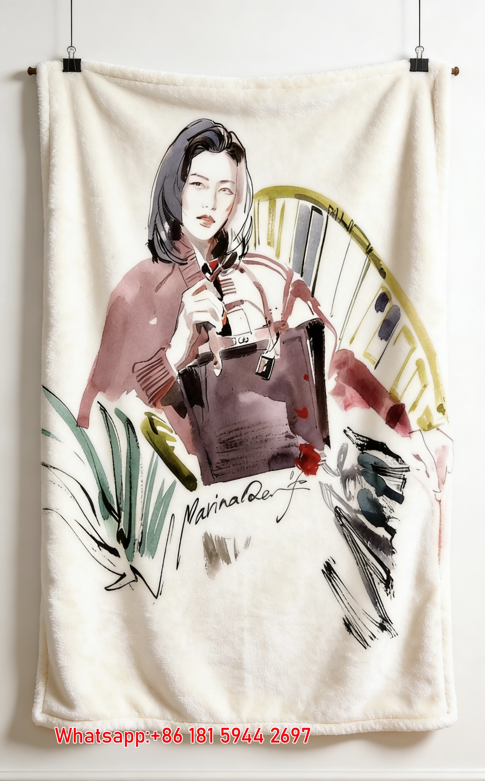 Coach Watercolor Fashion Illustration Burgundy Tote Flannel Throw Blanket for Sofa and Wall Decor C360